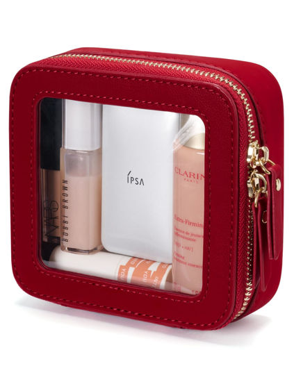 Picture of Popvibe Clear Makeup Bag Travel Cosmetic Case Transparent Toiletry Bag with Zipper, Portable Make Up Organizer Traveling Compact Car Bag for Essentials, Red, Mini