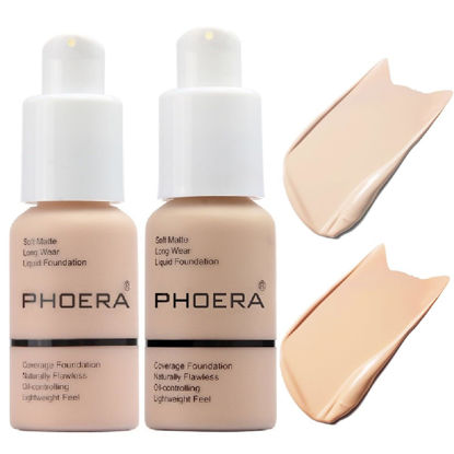Picture of 2 Pack PHOERA Foundation 101- Porcelain and102- Nude, Flawless Soft Matte Liquid Foundation 24 HR Oil Control Concealer Foundation Makeup