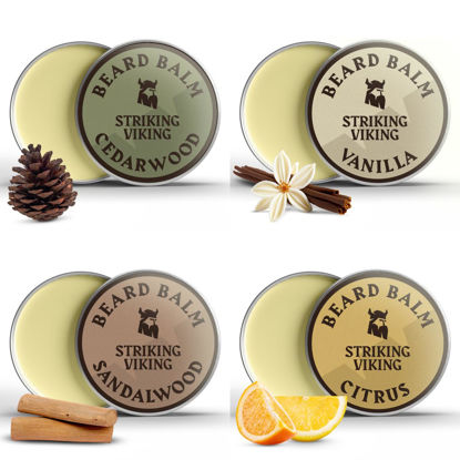 Picture of Beard Balm for Men - Leave in Beard Conditioner - Beard Balm Made with Naturally Derived Beard Butter, Argan & Jojoba Beard Oils - (Citrus, Vanilla, Sandalwood, Cedarwood Scents, 1 Ounce (Pack of 4))