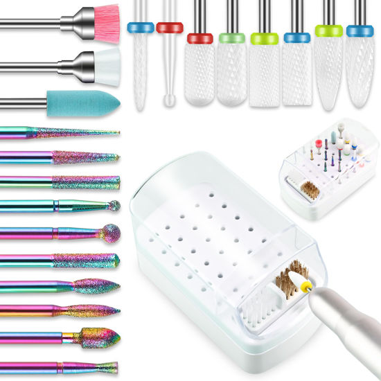 Picture of 21pcs Nail Drill Bits Sets with Nail Drill Holder Case, 3/32 Inch Diamond Cuticle Electric Nail File & Ceramic Acrylic Gel Nail Bit Kit, Carbide Cuticle Remover Bits for Manicure Pedicure, Home Salon