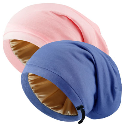 Picture of Silk Satin Bonnet Hair Wrap for Sleeping, 2 Pcs Adjustable Silk Bonnets for Women Men Sleep Cap Silk Lined Slouchy with Adjustable Strap Curly Hair Head Scarf Night Caps