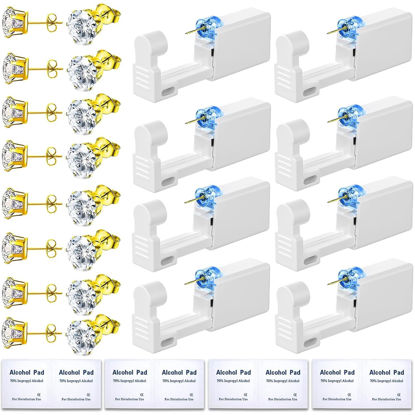 Picture of 24 Pcs Ear Piercing Kit Disposable Ear Piercing Gun Kit with 8 Pcs Gold-Plated CZ Earrings Stud 8 Pcs Self Piercing Gun and 8 Pcs Cleaning Pads