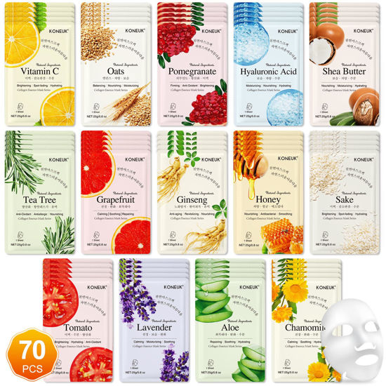 Picture of KONEUK 70 Pack Sheet Face Masks Skincare, Hydrating Face Masks Suitable for All Skin Types, Bulk Facial Mask Gifts Set for Women Skin Care, Home Skincare Spa for Sensitive Skin