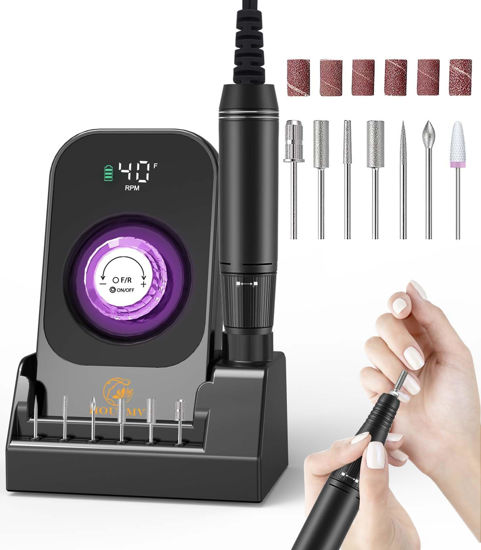 Picture of Portable Nail Drill Electric File: 40000RPM Professional Nail E-File for Acrylic Nails Remove Nail Gel Polish Manicure, Rechargeable Cordless Nail Drill Machine with Bits & Base for Salon Home, Black
