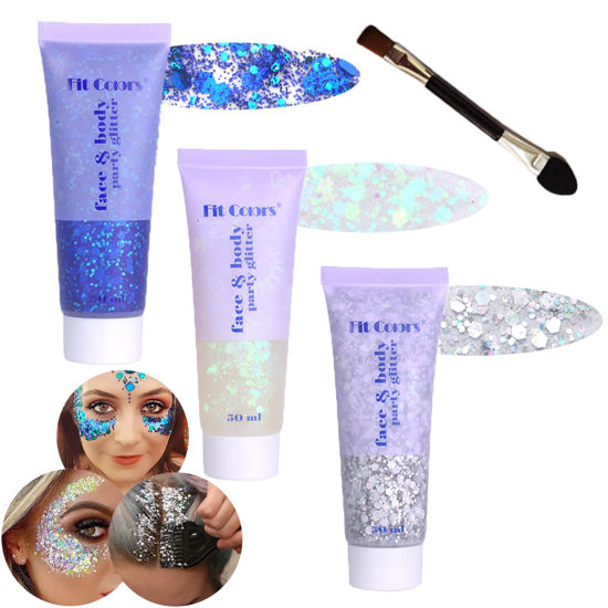 Picture of Body Glitter Face Glitter Gel: Singer Concerts Disco Festival Rave Accessories Face Glitter Makeup 150ml Chunky Sequins Mermaid Face Body Hair Glitter Gel (White&Silver&Blue)