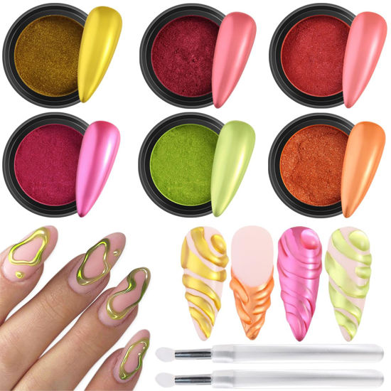 Picture of Fcozpjk Chrome Nail Powder Set Red Green Gold Mirror Effect Nail Glitter Powder 6 Colors Metallic Chrome Powder for Nails With 2PCS Silicone Applicator Brushes Christmas Nail Design