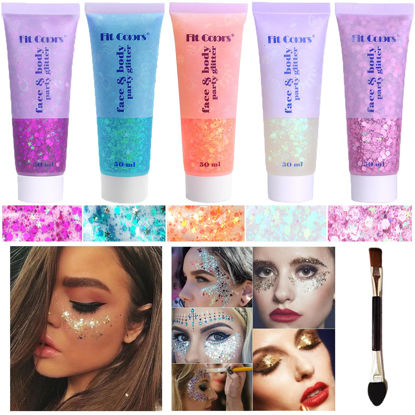 Picture of Body Glitter Face Glitter Gel: Singer Concerts Disco Festival Rave Accessories Face Glitter Makeup 250ml Chunky Sequins Mermaid Face Body Hair Glitter Gel (White&Pink&Rose&Lake Blue&Orange)