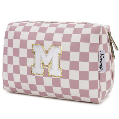 Picture of Narwey Personalized Initial Makeup Bag Toiletry Bag Gifts for Women Girls Large Checkered Makeup Bag Zipper Pouch Travel Cosmetic Bag Organizer for Women (Dusty Rose Checkerboard Letter M)