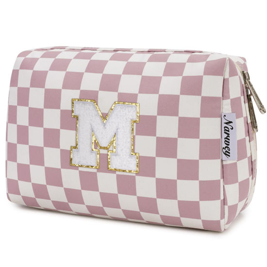 Picture of Narwey Personalized Initial Makeup Bag Toiletry Bag Gifts for Women Girls Large Checkered Makeup Bag Zipper Pouch Travel Cosmetic Bag Organizer for Women (Dusty Rose Checkerboard Letter M)