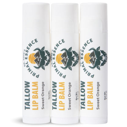 Picture of Dr. Dave's Primal Essence Moisturizing Tallow Lip Balm - Nourishing and Soothing Grass Fed Beef Tallow with Organic Coconut Oil, Beeswax, and Vitamin E - Sweet Orange Lip Balm, 3-Pack