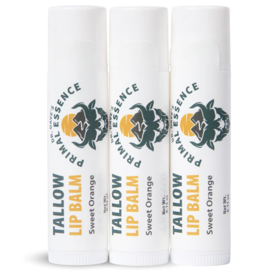 Picture of Dr. Dave's Primal Essence Moisturizing Tallow Lip Balm - Nourishing and Soothing Grass Fed Beef Tallow with Organic Coconut Oil, Beeswax, and Vitamin E - Sweet Orange Lip Balm, 3-Pack