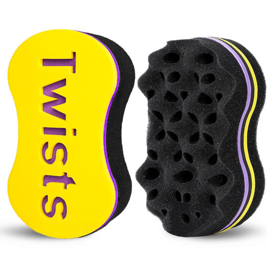 Picture of 2Pcs Yellow Curl Sponge Set for Men & Women - Small Holes Design, Two-Sided for Natural and Black Hair Styles, Twist Sponge Brushes