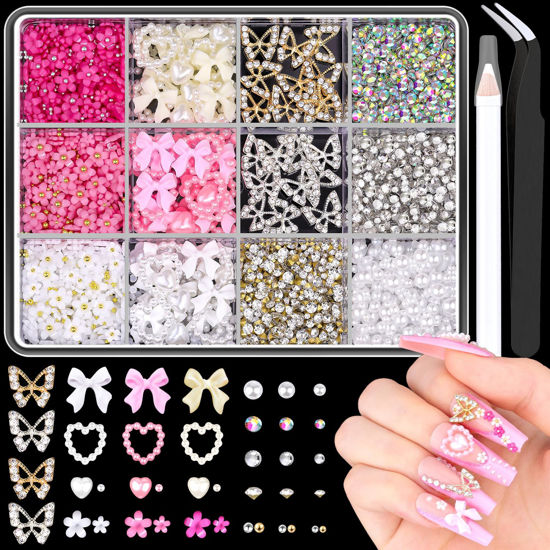 Picture of 3D Nail Charms and Gems Set 7, 20PCS Chunky Butterfly Charms + 75PCS Coquette Nail Bows and Hearts + 3D Flowers for Nails with Rhinestones, Pearls, Diamonds and Picker Tools for Y2K Nail Decor