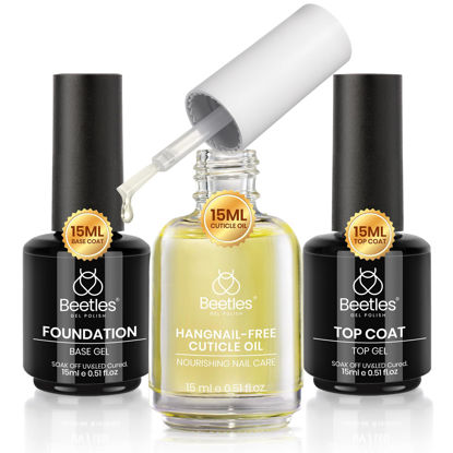 Picture of Beetles Gel Top Coat Base Coat Cuticle Oil Set, 3Pcs 15ml No Wipe Top Coat Gel Glossy Shine Long Lasting Cuticle Protectors Kit Oil Care for Dry Damaged Cuticles Valentine's Day Gift for Women