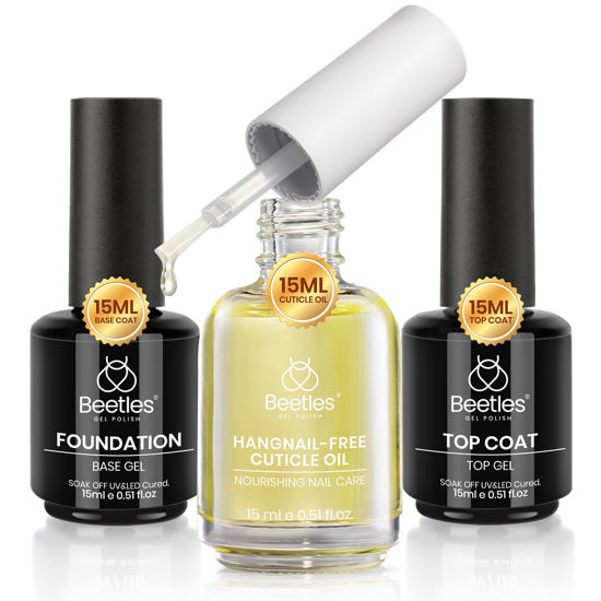 Picture of Beetles Gel Top Coat Base Coat Cuticle Oil Set, 3Pcs 15ml No Wipe Top Coat Gel Glossy Shine Long Lasting Cuticle Protectors Kit Oil Care for Dry Damaged Cuticles Valentine's Day Gift for Women