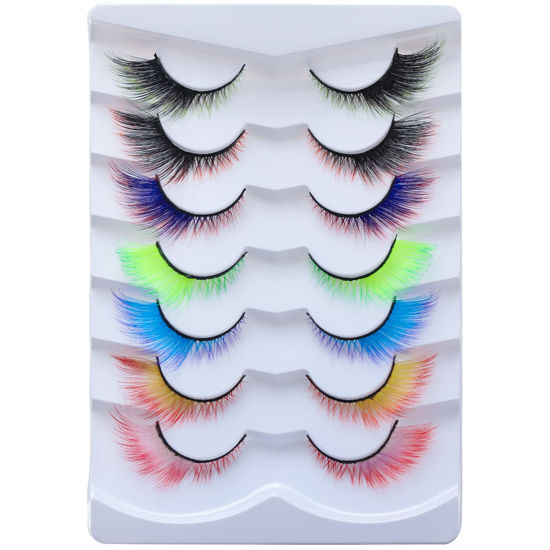 Picture of outopen 7 Pairs False Lashes with Color Angel Colored Lashes Fluffy Wispy Winged Eyelashes Halloween Cosplay Makeup Colorful Eye Lash Like Extensions