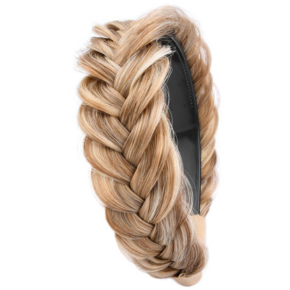 Picture of DIGUAN Wide Messy Braided Headband With Teeth Synthetic Hair Plaited Headband High Elasticity Braids Chunky Fishtail Braided Hair Band Hairpiece for Girls Women Beauty Accessory (Caramel Blonde)