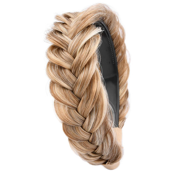 Picture of DIGUAN Wide Messy Braided Headband With Teeth Synthetic Hair Plaited Headband High Elasticity Braids Chunky Fishtail Braided Hair Band Hairpiece for Girls Women Beauty Accessory (Caramel Blonde)