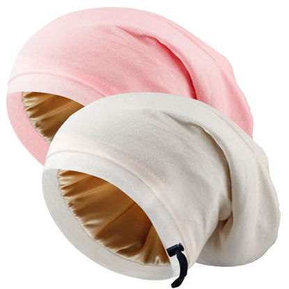 Picture of Silk Satin Bonnet Hair Wrap for Sleeping, 2 Pcs Adjustable Silk Bonnets for Women Men Sleep Cap Silk Lined Slouchy with Adjustable Strap Curly Hair Head Scarf Night Caps