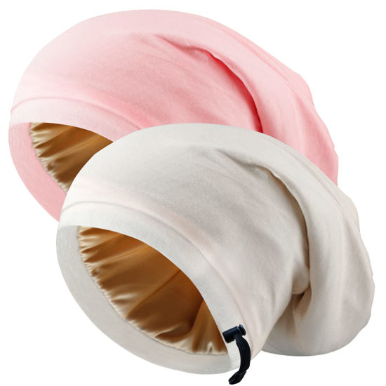 Picture of Silk Satin Bonnet Hair Wrap for Sleeping, 2 Pcs Adjustable Silk Bonnets for Women Men Sleep Cap Silk Lined Slouchy with Adjustable Strap Curly Hair Head Scarf Night Caps