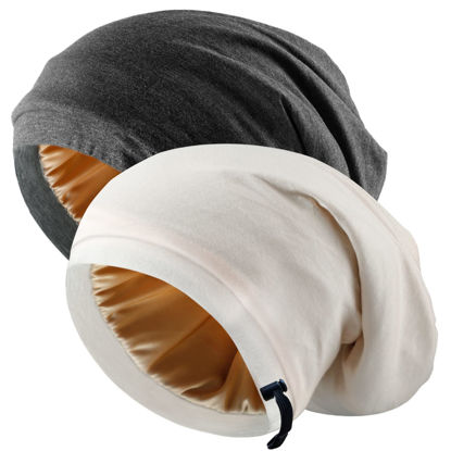 Picture of Silk Satin Bonnet Hair Wrap for Sleeping, 2 Pcs Adjustable Bonnets for Women Men Sleep Silk Lined Slouchy with Adjustable Strap Curly Head Scarf Night Caps