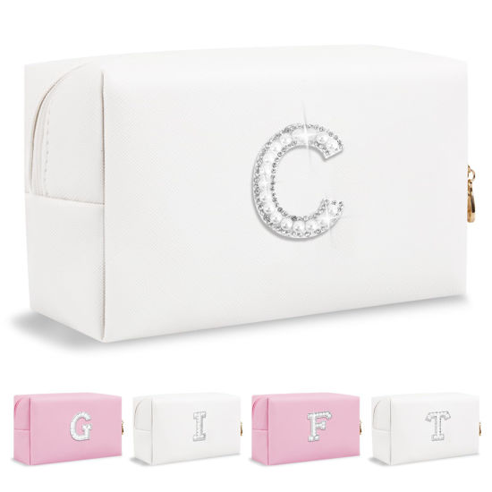 Picture of Personalized Birthday Gifts Initial Letter Makeup Bag for Women,Pearl Rhinestone Patch Cosmetic Bag Toiletry Bag,White Cute Preppy Pencil Pouch,Monogram Christmas Gift for Teen Girls Mom Friend Wife,C