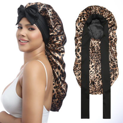 Picture of AWAYTR Long Satin Bonnet for Women - Double Layer Elastic Silk Bonnet for Braids Hair Sleeping Cap with Tie Band (Leopard)