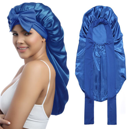 Picture of AWAYTR Long Satin Bonnet for Women - Double Layer Elastic Silk Bonnet for Braids Hair Sleeping Cap with Tie Band (Royal Blue)