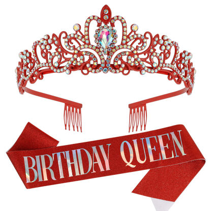 Picture of "Birthday Queen" Sash and Crystal Tiara Set Tiara and Crowns for Women COCIDE Birthday Gift for Girl Kit Decorations Set Rhinestone Hair Accessories Glitter Stain Silk Sash for Party