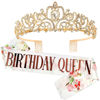 Picture of "Birthday Queen" Sash & Crystal Tiara Kit COCIDE Birthday Gold Tiara and Crowns for Women Sash for Girls Pink Birthday Decorations Set Rhinestone Headband Hair Accessories Glitter Sash for Party