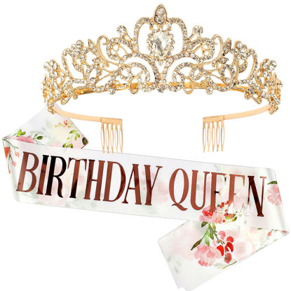 Picture of "Birthday Queen" Sash & Crystal Tiara Kit COCIDE Birthday Gold Tiara and Crowns for Women Sash for Girls Pink Birthday Decorations Set Rhinestone Headband Hair Accessories Glitter Sash for Party
