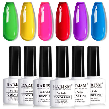 Picture of RARJSM Neon Jelly Gel Nail Polish Set 6pcs Clear Crytal Glass Yellow Blue Green Red Pink Purple Transparent Sheer Gel Varnish LED UV Curing Requires French Manicure Soad off Summer Iridescent Colors