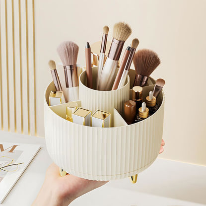 Picture of Diesisa Makeup Brush Holder Organizer,360° Rotating Makeup Brush Organizer,5 Slot Make up Brushes Cup for Cosmetics, Nail Polish, Art Supply, Bathroom Vanity Desktop Organizer - Cream