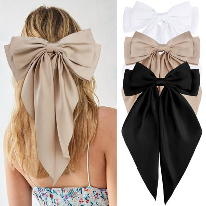 Picture of Velscrun 3Pcs Women's Hair Accessories Gifts: White, Black, and Khaki Oversized Satin Hair Bows with Long Tails, Barrettes, and Clips for Girls