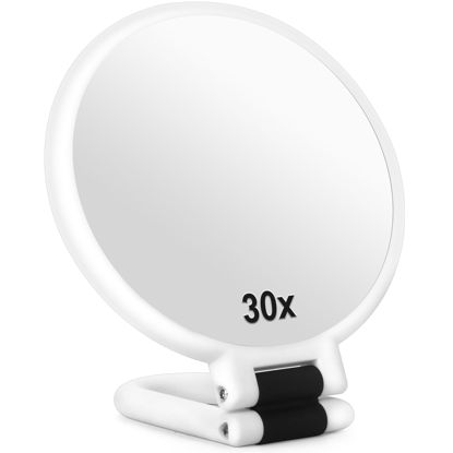 Picture of Sifolo 30x Magnifying Mirror, Travel Hand Mirrors with Handle - Double Side Handheld Mirror with 1X 30X Magnification & Adjustable Handle, Hand Held Foldable Travel Mirror for Makeup(Pearl White)