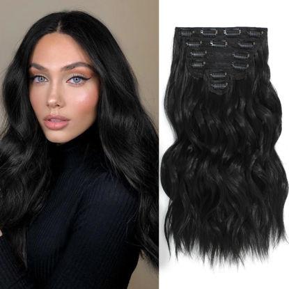 Picture of Fliace Clip in Hair Extensions, 6 PCS 1 6 Inch Hair Extensions Clip Ins, Black Long Wavy Hairpieces(16inch, 6pcs, Black)