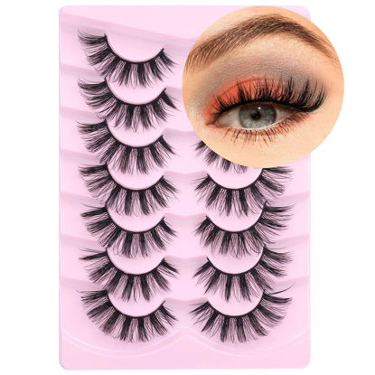 Picture of False Eyelashes Cat Eye Faux Mink Lashes Fluffy Spiky Lashes Natural Look Natural False Lashes Wispy Strip Eyelashes Pack, 7 Pairs