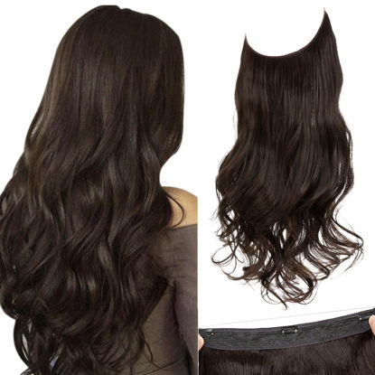 Picture of SARLA Dark Brown Invisible Wire Hair Extensions with 3 Clips Long Synthetic Wavy Curly Hairpiece Adjustable Transparent Headband for Women 18 Inch