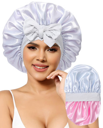 Picture of Satin Bonnet for Women Silk Bonnets for Sleeping Curly Hair Bonnet with Elastic Tie Band Reversible Double Layer Sleep Cap Hair Wrap (Pink + Grey)