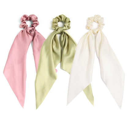 Picture of 3PCS Hair Scarf Scruncheis for Women Knotted Bow Hair Ties Elastic Bands Satin Hair Ribbon Scrunchy Red Ponytail Holder for Women and Girls (Ivory green bean)