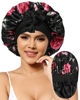 Picture of Satin Bonnet for Women Silk Bonnets for Sleeping Curly Hair Bonnet with Elastic Tie Band Reversible Double Layer Sleep Cap Hair Wrap (Black + Red Flower)