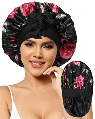 Picture of Satin Bonnet for Women Silk Bonnets for Sleeping Curly Hair Bonnet with Elastic Tie Band Reversible Double Layer Sleep Cap Hair Wrap (Black + Red Flower)