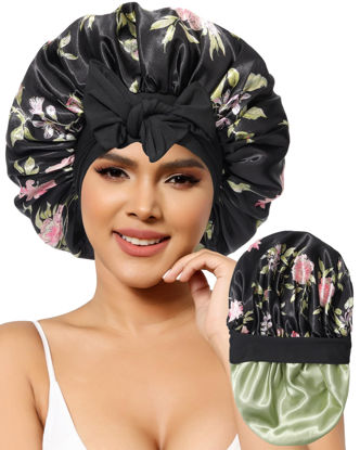 Picture of Satin Bonnet for Women Silk Bonnets for Sleeping Curly Hair Bonnet with Elastic Tie Band Reversible Double Layer Sleep Cap Hair Wrap (Black + Grass Green)
