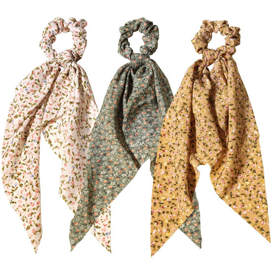 Picture of 3pcs Women Ribbon Scrunchies Bow Knotted Classic Floral Pattern Hair Ties Vintage Bunny Ear Ponytail Holders Hair Accessories