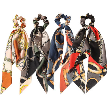 Picture of LFOUVRE 4pcs Chain Satin Hair Accessories - Ribbon Scrunchies with Long Tails, Knotted Hair Bands and Elastic Ties for Girls