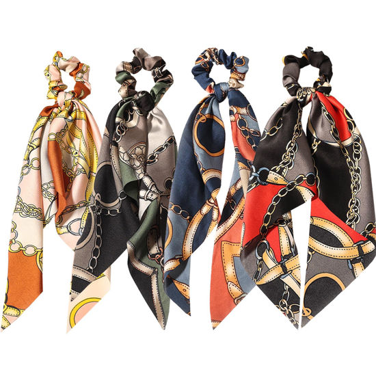 Picture of LFOUVRE 4pcs Chain Satin Hair Accessories - Ribbon Scrunchies with Long Tails, Knotted Hair Bands and Elastic Ties for Girls