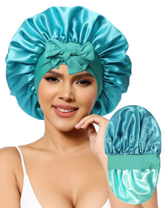 Picture of Satin Bonnet for Women Silk Bonnets for Sleeping Curly Hair Bonnet with Elastic Tie Band Reversible Double Layer Sleep Cap Hair Wrap (Blue+Green)