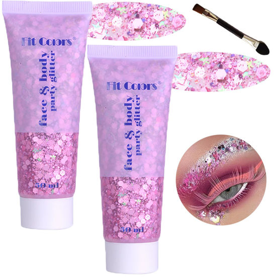 Picture of Body Glitter Face Glitter Gel: Singer Concerts Disco Festival Rave Accessories Face Glitter Makeup 100ml Chunky Sequins Mermaid Face Body Hair Glitter Gel (2 Pink)