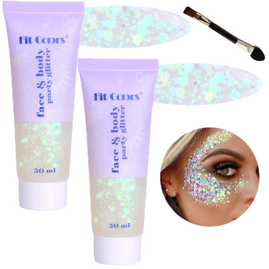 Picture of Body Glitter Face Glitter Gel: Singer Concerts Disco Festival Rave Accessories Face Glitter Makeup 100ml Chunky Sequins Mermaid Face Body Hair Glitter Gel (2 White)