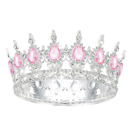 Picture of Queen Crown Rhinestone Wedding Crowns and Tiaras for Women Costume Party Hair Accessories Princess Birthday Crown Crystal Bridal Crown (Silver Pink)